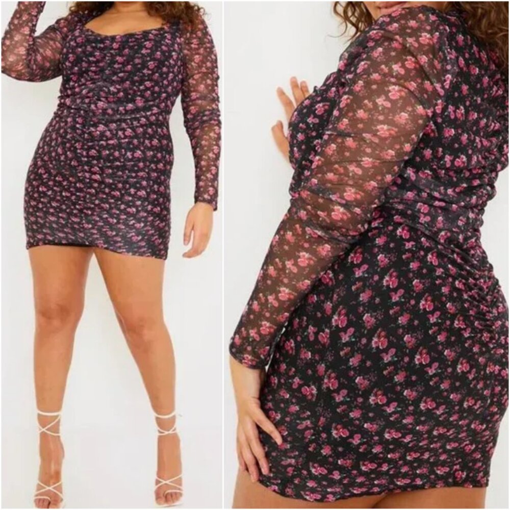 NWT In The Style x Liberty Black Floral Puff Sleeve Mini Dress 20